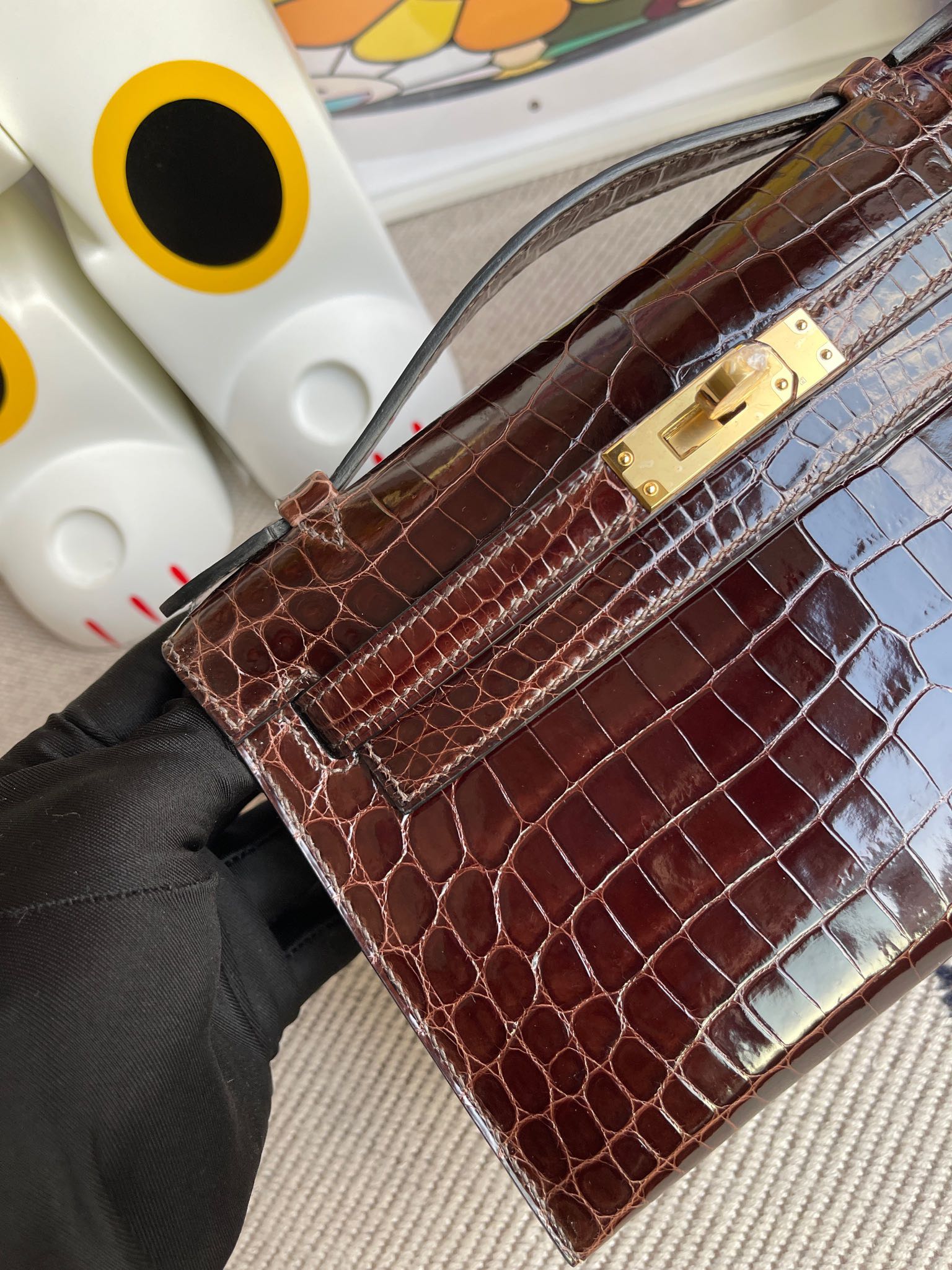 에르메스 켈리22 포쉐트 브라운 금장 샤이니 악어가죽